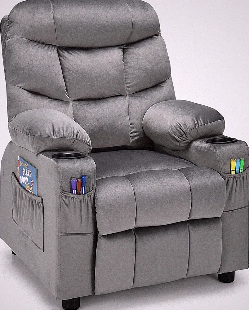 Adjustable Kids Recliner Chair with Cup Holders & Footrest - Grey Velvet