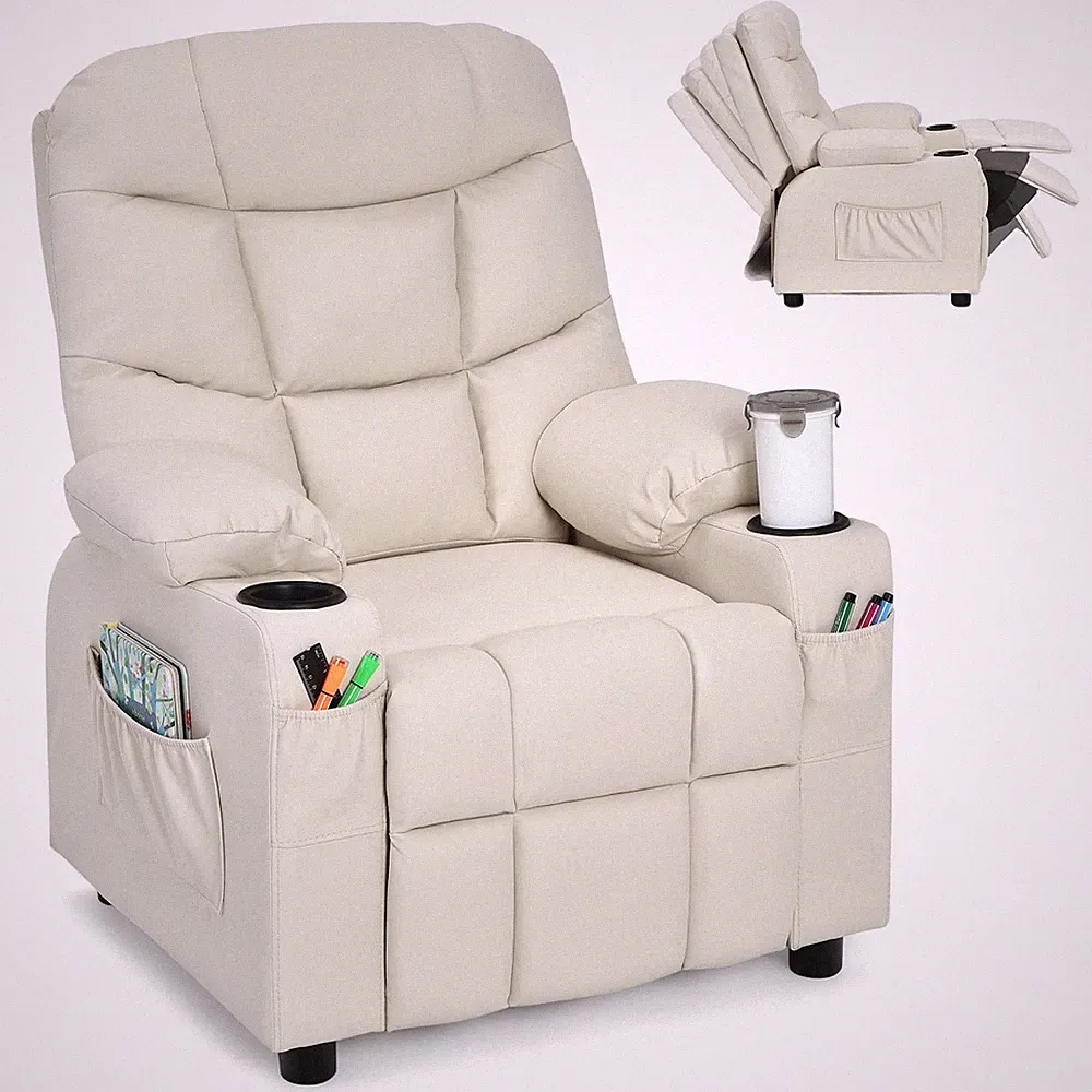 Kids Recliner Chair Adjustable Lounge Footrest Cup Holder Beige Costzon Side