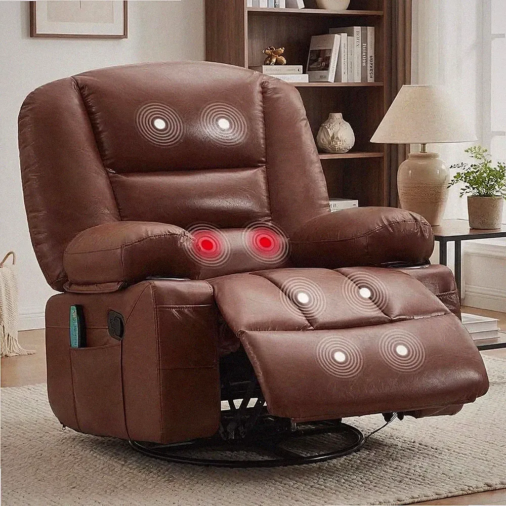 Oversized Swivel Recliner with Heat & Vibration Massage, Cup Holders, Brown PU